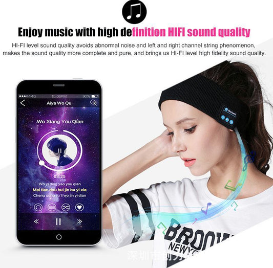affiche-femme-brune-de-profil-portant-le-bandeau-de-sport-bluetooth-avec-description-du-son-HiFi